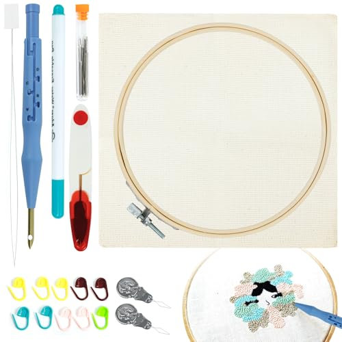 Punch Needle Set 17pcs Punch Needle Set Anfänger Erwachsene Und Kinder Stanznadel Stickerei Starter Kit Mit Stickerei Hoop Stanznadel Tuch Einstellbare Stanznadel Stickerei Kit Für Diy Nähen Stickerei