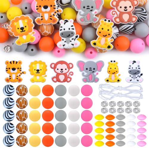 URROMA 76 pcs de Perles en Silicone, thème Animaux de la Jungle | Perles d'espacement 3D pour bracelets, bijoux, porte-clés, DIY