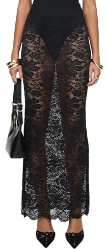 SYHVGI Women's Summer Skinny Y2K Skirt Sheer Lace Floral Long Skirt See-Through Maxi Skirts Beach Cover-up (Black, S)