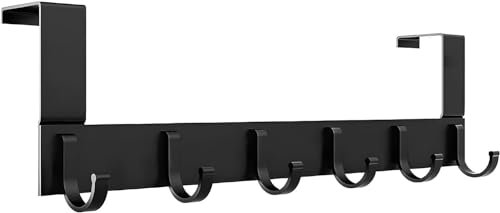 Appendiabiti da Porta, 6 Ganci Nero in Acciaio Inox Resistente fino a 20kg per Cappotti Accappatoi Asciugamani Ideale per Porte Standard fino a 4.5cm Spessore
