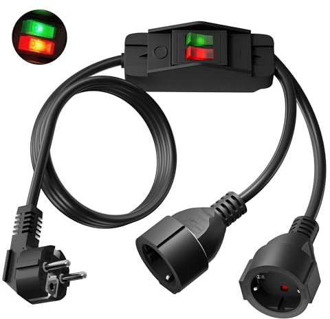2M Schutzkontakt Verlängerungskabel Außen mit Einzeln Schaltbar, Verlängerungskabel Doppelstecker mit 2 Schuko Steckdosen, 3x1,5mm² Kupfer, 250V/16A, für Außenbereich, Haushalt, Büro, Garten, Schwarz