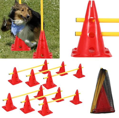 Yugodex Kit d'obstacles pour chien - 12 cônes - 6 barres d'agilité - Entraînement de coordination pour enfants et chiens - Sport d'équipe - Cônes multifonctions pour le football, les sports canins