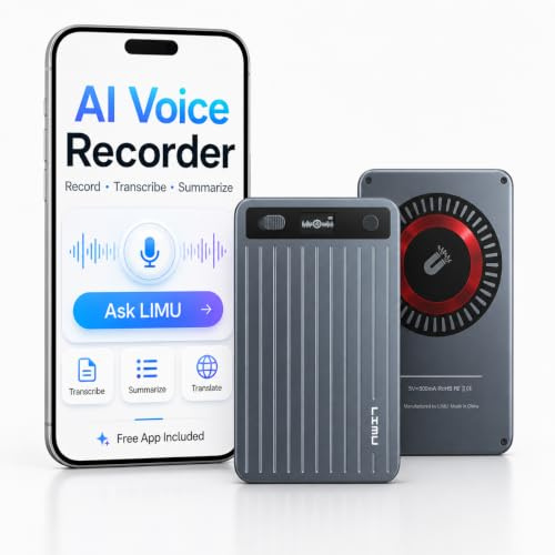 LIMU AI Voice Recorder, Unlimited AI Year 1, 64GB Note Taking Device | German design Advanced GPT-5 AI Engineered for Accuracy, Wireless Charging, 125 languages. No subscription required.
