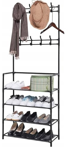 Valle Verde 2in1 Kleiderständer, Flurgarderobe mit Kliederhaken, Schuhregal, Schuhschrank - Garderobenständer mit 4 Ablagen und 16 Haken - Kleider- & Schuhaufbewahrung - Schwarz, 60 x 26 x 167 cm