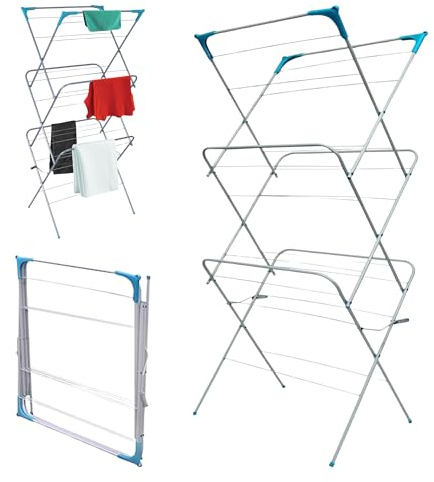 3 Tier Clothes Airer Drying Rack – 24 Rails, Foldable Indoor Outdoor Laundry Dryer with Non-Slip Feet, Space Saving Clothes Horse, 15kg Load Capacity, Portable Lightweight Airer for Laundry & Towels
