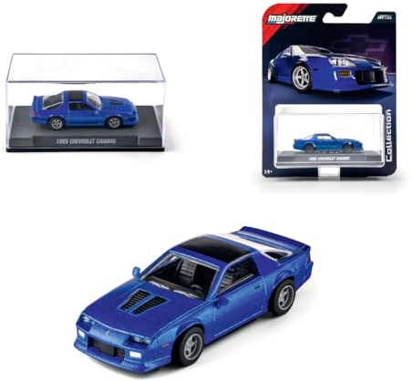 Majorette Collection 1985 Chevrolet Camaro, Voiture en métal Bleu, échelle 1:64, Roues en Caoutchouc, phares Transparents, présentoir à vis, spécial collecteur, 14 Ans (8505001004)