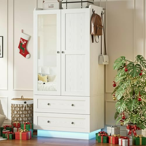IRONCK Armoire Wardrobe Closet with LED Light & Mirror, Wooden Bedroom Armoires and Wardrobes with 2 Drawers and Hanging Rod, Clothing Storage Cabinet for Bedroom, White