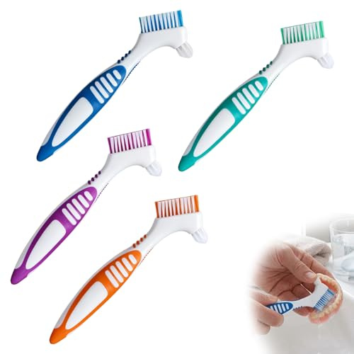 Jetstream 4 Pièces Brosses à Dents pour Prothèses Dentaires, Brosses à Dents pour Fausses Dents Double Face, Ergonomique Portable, Nettoyage Efficace des Prothèses Dentaires (4 Couleurs)