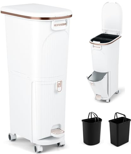 COSTWAY Recycling Bins, 38L/42L/43L Dry and Wet Separation Trash Can with 3 Compartments, Wheels, Stickers & Handle, Vertical Waste Separation System Pedal Garbage Can (White, 43L, 1 Lid)