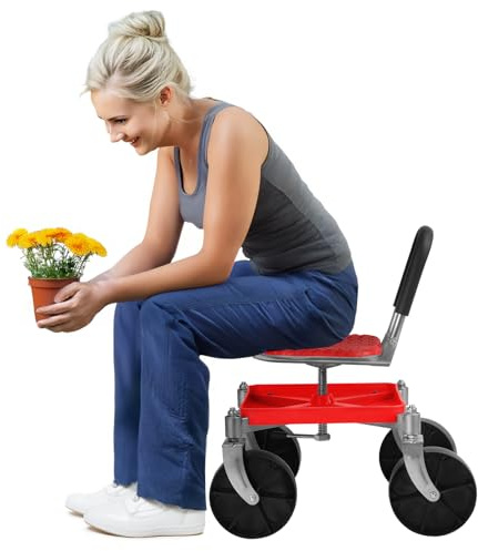 woshapce Garden Stool, Tool Trolley on Wheels, Adjustable Height Rolling Garden Seat with Tool Storage Tray, 360° Swivel Work Seat Cart,Heavy Duty Steel Frame, 150kg Capacity (Red)