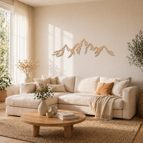 K&L Wall Art Modernes Holzbild Berge Wanddeko modern Berg Wandbild aus Holz Bergmotiv Wanddekoration MDF Natur 120x38cm