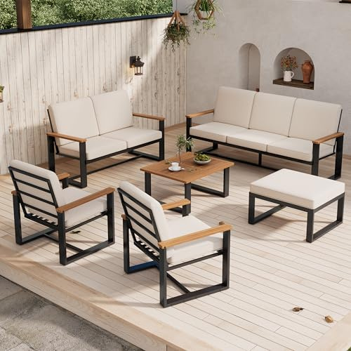 BTM Gartenmöbel-Set, Garten-Loungesessel-Set, 3-Sitzer-Sofa, 1 2-Sitzer-Sofa, 2 Einzelsessel, Couchtisch und Fußhocker, Tischplatte aus Akazienholz, Schlichtes Design, verzinkter Stahl, beige