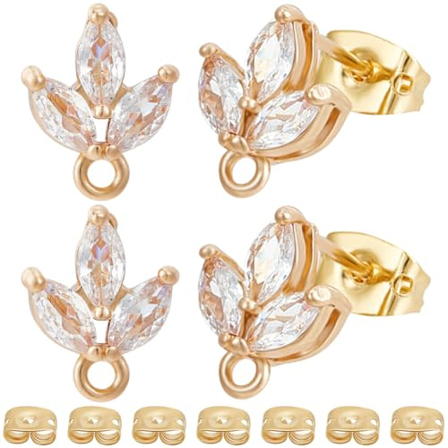 Beebeecraft 12 Pezzo di Componenti per Orecchini A Forma di Foglia Orecchini A Perno Placcati in Oro 18K con Zirconi Cubici A Forma di Pianta con Anello e 12 Dadi A Frizione per La Creazione di