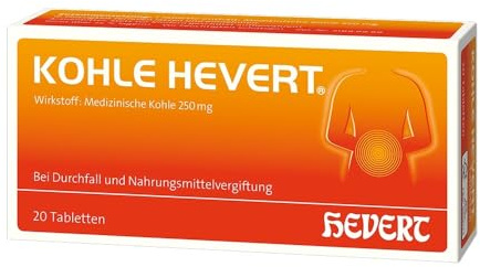 Kohle Hevert bei Durchfall sowie bei Vergiftungen durch Lebensmittel, Schwermetalle und Medikamente, 20 St. Tabletten