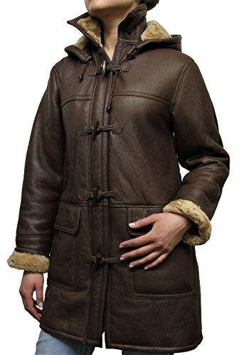 BRANDSLOCK Womens Duffle Genuine Shearling Sheepskin Leather Trench Bomber Coat (Brown, l)