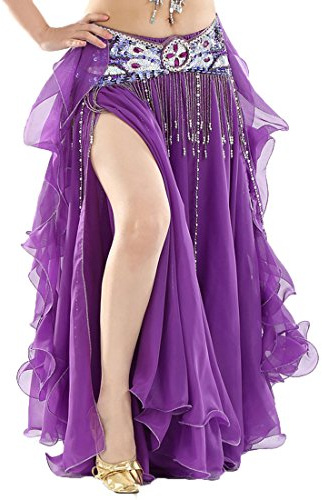 Calcifer Elegante Falda de Danza del Vientre de Gasa Rizada Disfraz Vestido de Baile con Abertura Alta para Mujeres Bailarina Profesional, Morado (, M