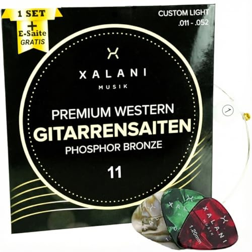 Premium steel guitar strings. Bonus:1 high E string and 3 premium picks. Phosphor bronze steel guitar strings for Western and acoustic guitars. Xalani Music.