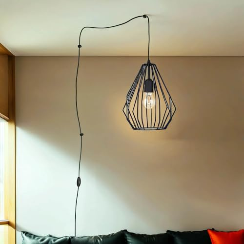 Licht-Erlebnisse Hängeleuchte Metall in Grau Wohnzimmer Esstisch B:22 cm E27 mit Stecker Draht Schirm verstellbare Pendelleuchte Esszimmer Küche