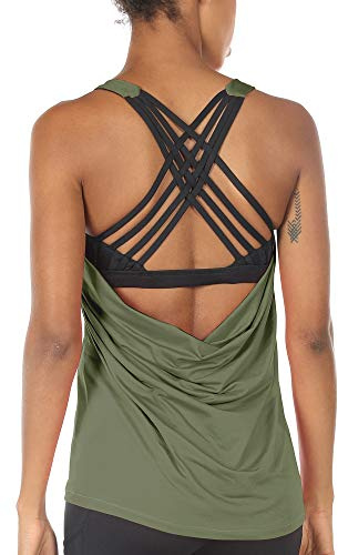icyzone Damen Sport Tops mit Integriertem BH - 2 in 1 Yoga Gym Shirt Fitness Training Tanktop (M, Olive)
