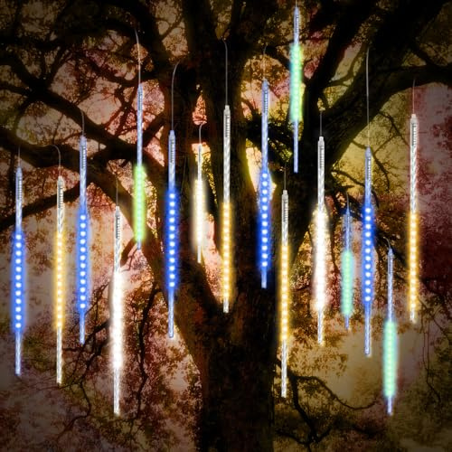 Vikdio Luci di Natale da esterno, Pioggia di Meteoriti Luminosi 10 Tubi a Spirale da 50cm con 540 LEDs, Lunghezza di 3,15m, Luci ghiaccio impermeabili per Decorazioni natalizie all'aperto, Multicolore