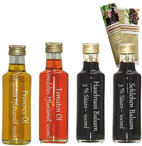 Öl/Essig Geschenkset & Probierset | 2 x 100ml Essig + 2 x 100ml Öl | Tomaten Öl - Provence Öl - Haselnuss Balsam - Schlehen Balsam | mit Rezeptbroschüre