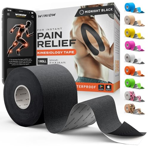 Kinesiology Tape - Waterproof Athletic Sports Tape for Knee, Shoulder, Arm & Back Support | 3-5 Day Adhesion, Hypoallergenic & Latex-Free + Taping Guide (Uncut, 2x16.4ft Roll, Midnight Black)