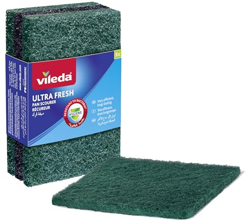 Vileda Ultra Fresh Estropajo para Sartenes | Muy Higiénico | Superficie Abrasiva Verde | Excelente Poder de Lmpieza | Tratamiento Antibacteriano | Elimina la Suciedad sin Esfuerzo