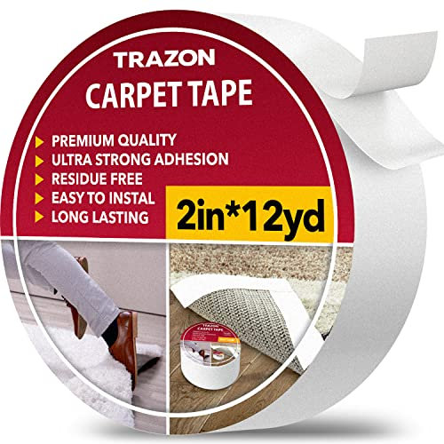 Trazon Carpet Tape Double Sided - Rug Tape Grippers for Hardwood Floors and Area Rugs - Carpet Binding Tape Strong Adhesive and Removable, Heavy Duty Stickers Tape, Residue Free (2 Inch / 12 Yards)