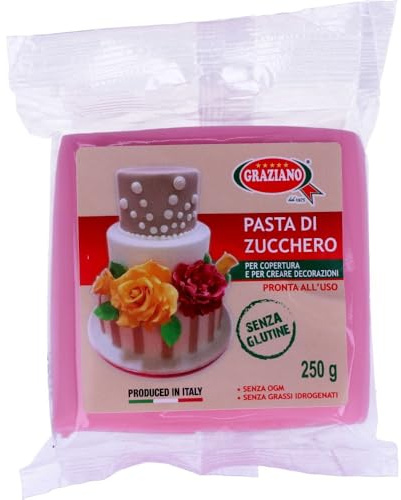 Graziano, Pasta di Zucchero Rosa, Pasta Morbida ed Elastica Perfetta per la Copertura della Torta, facile da Stendere, Senza Glutine e Senza Grassi Idrogenati, 250 g