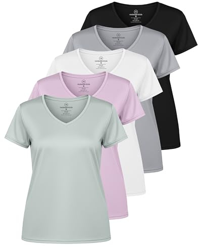 Real Essentials Ladies Dry Fit V Neck Camiseta Mujer (Pack de 5) | Disponible en tallas grandes, manga corta, absorbe la humedad, elástica, ropa deportiva para correr, senderismo, tenis