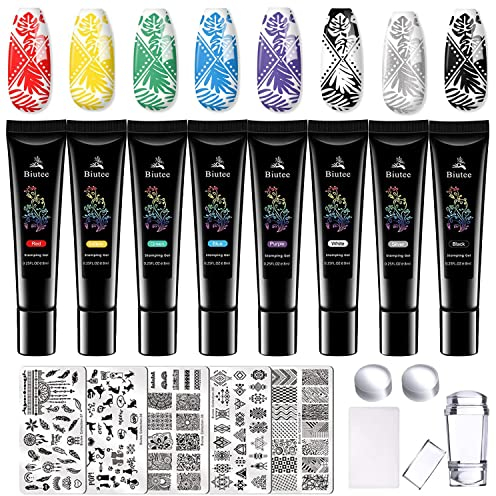 Biutee Stemple Nagellack Farbige 8ml, Stamping Plates Set 8 Fraben Stamping Gel Und 5 Eisenplatten, UV Farbgel Gel Nägel Farben, Zum Drucken von Designs auf Nägel