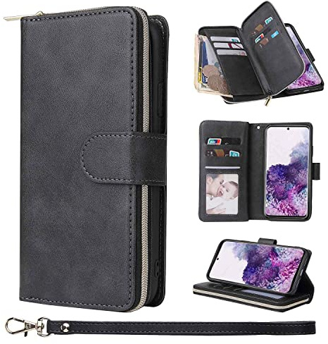 ZCDAYE Leather Phone Case for Samsung Galaxy S21 FE Wallet Case, Black | Practical Flip Case with Card Holder, Wrist Strap, Zipper Pocket, Magnetic Closure, Elegant Women Cases Phone Cover Holster