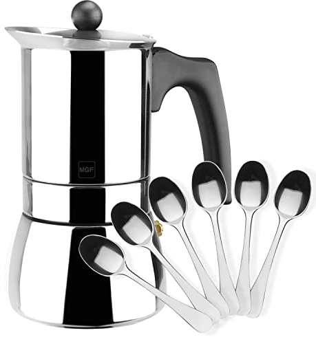 MAGEFESA Genova - Pack Exclusivo Cafetera Italiana Plateada 4 Tazas + 6 Cucharillas Moka, 200ml, Acero Inoxidable, Todo Tipo de Cocinas, Inducción