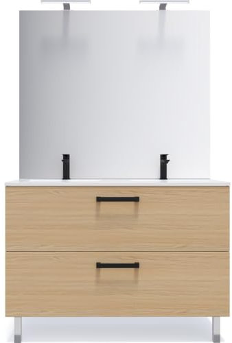 HOMIFAB Meuble de Salle de Bain Suspendu avec Pieds Double Vasque intégrée 120cm 2 tiroirs Chêne Clair + Miroir - Chelsea