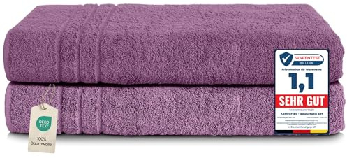 Komfortec Lot de 2 Serviettes de Sauna 80 x 200 cm 100% Coton XXL – Grandes Serviettes de Sauna Douces, à séchage Rapide, Violette