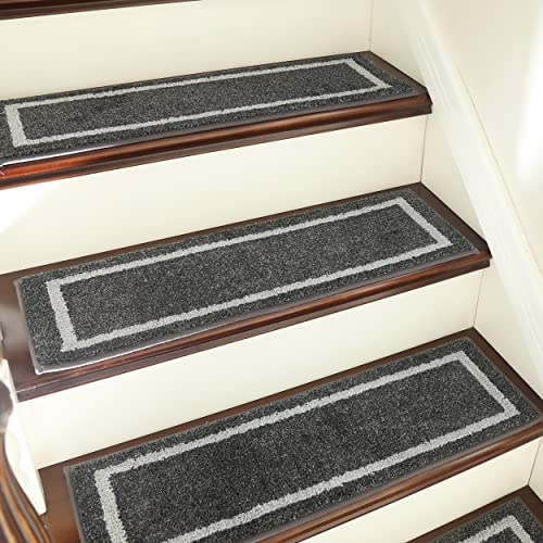 COSY HOMEER Soft Stair Treads Non-Slip Carpet Mat 28inX9in Indoor Stair Runners for Wooden Steps,Stair Rugs for Kids and Dogs, 100% Polyester TPE Backing 7pcs,Black