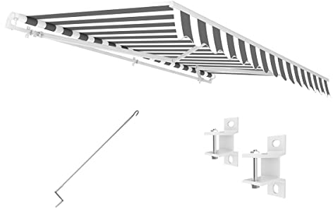 Eclipse Gelenkarmmarkise Economy 2,5x2m mit Handkurbel Markise Sonnenschutz Balkon Terrassenüberdachung Markisenstoff 280g/m² Polyester (PE) inklusive UV-Schutzfaktor 50+, Markisentuchfarbe: Grau-Weiß