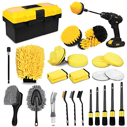TTRCB 27Pcs Car Detailing Kit, Car Detailing Brush Set, Auto Detailing Drill Brush Set, Car Detailing Brushes, Car Wash Kit, Car Accessories, Car Cleaning Tools Kit for Interior, Exterior, Wheels