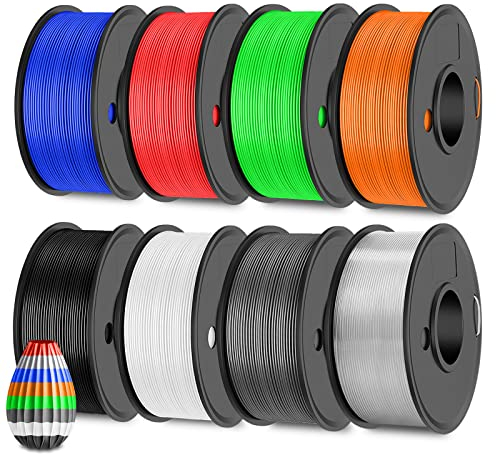 SUNLU PETG Filament Bundle Mehrfarbig, 250g PETG 3D Drucker Filament 1.75mm, 0.25kg/Spule,8 Packung Insgesamt 2KG,Hohe Zähigkeit & Stark, Schwarz+Weiß+Grau+Transparent+Blau+Rot+Grün+Orange