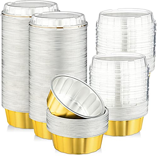 Lot de 100 ramequins jetables en aluminium de 236,8 g avec couvercles pour la cuisson de muffins, moules à gâteau au fromage pour fête (jaune, argent)