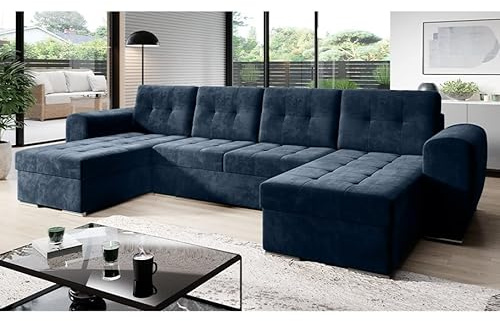 MODERNO Bari Wohnlandschaft Sofa mit Schlaffunktion Couch U-Form Schlafsofa mit Bettkasten Ecksofa Schlafcouch Moderne Wohnzimmermöbel Eckcouch Veloursstoff Steppsofa Blau