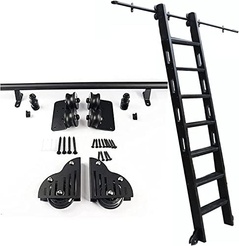 Rollleiter-Hardware-Bibliotheks-Kit, mit Bodenrollenrad, schmiedeeiserne Mobile Leiterschiene – Rundrohr-Schiebeleiter-Verlängerungsschiene/Schiene für Zuhause/Innen/Dachboden (Keine Leiter)