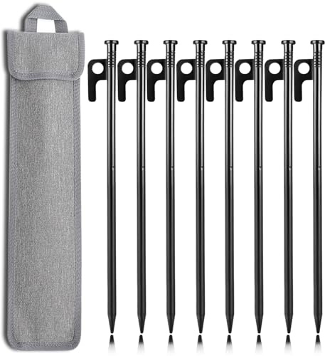 goldmiky 8PCS Piquetas Camping - Piquetas Camping Suelo Duro de Acero Inoxidable, 25CM Estacas para Tienda con Bolsa - Ideal para Suelos Duros, Bosques, Pradera - Negro (25 cm Negro)