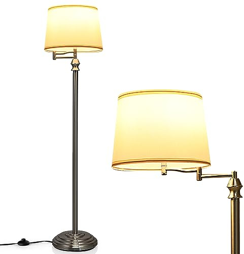 HOMASIS Lampada da Terra, Lampada da Piantana, Lampada Girevole ed Estensibile con Paralume Beige in Tessuto e Base Stabile in Ferro, Senza Lampadina, E27,40W, per Salotto, Studio, 28,5 x 152 cm