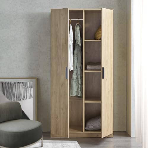 [en.casa] Armoire de Chambre avec Barre de Penderie 4 Étagères Garde-Robe Moderne Meuble de Rangement pour Dressing MDF 176 x 80 x 52 cm Effet Chêne