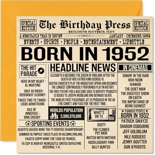 Stuff4 Geburtstagskarte zum 73. Geburtstag für Männer und Frauen – Born in 1952 Zeitung – Happy 73 Geburtstagskarte für Großvater, Oma, Oma, Vintage, Retro, 1952, 145 mm