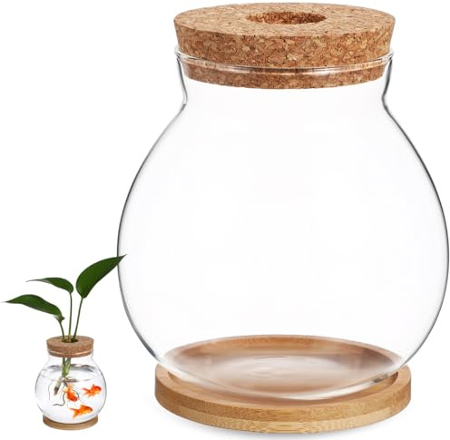 Piccolo Acquario, con Coperchio Legno e Tappetino Bambù, Boccia per Pesci Rossi e Piante Acquario da Tavolo di Design per Decorazioni Casa Ufficio