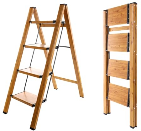 BAOYOUNI Scaletta pieghevole a 4 gradini, portatile, leggera, in alluminio, con pedali larghi antiscivolo, capacità 150 kg, per casa, cucina, giardino, ufficio, nero + venature del legno
