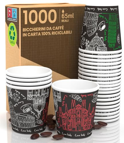 1000 Kaffeebecher aus Papier, 65 ml, Italien, Schwarz, umweltfreundlich, biologisch abbaubar, Einwegbecher, klein, für heiße und kalte Getränke