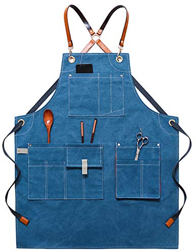 Werkzeugschürze, Arbeitsschürze mit Taschen, Tischlerschürze, Werkstatt-Werkzeugschürze, robuste Arbeitsschürze aus Segeltuch, Schweißschürze, Arbeitsschürze (Farbe: Grau, Größe: XL) (Farbe: Blau, Grö